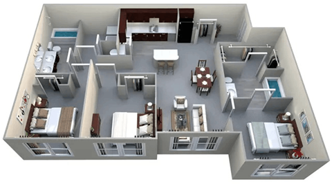 Floor plan for 3 beds, 2 baths, 1141 sqft